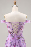 Robe de bal longue à paillettes florales violette à paillettes découvertes