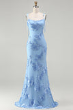 Robe Maxi sirène bleu clair à bretelles fines avec broderie florale