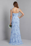 Robe Maxi sirène bleu clair à bretelles fines avec broderie florale