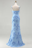Robe Maxi sirène bleu clair à bretelles fines avec broderie florale