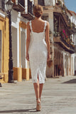Robe de mariée midi ivoire bustier dentelle à bretelles spaghetti