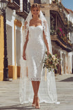 Robe de mariée midi ivoire bustier dentelle à bretelles spaghetti
