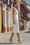 Robe de mariée midi ivoire bustier dentelle à bretelles spaghetti