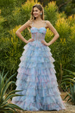 Corset de bal long à volants à volants fleuris en A-Line A-Line Bleu avec fente