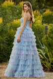 Corset de bal long à volants à volants fleuris en A-Line A-Line Bleu avec fente
