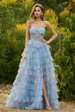 Corset de bal long à volants à volants fleuris en A-Line A-Line Bleu avec fente