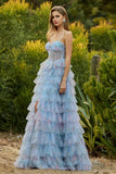 Corset de bal long à volants à volants fleuris en A-Line A-Line Bleu avec fente