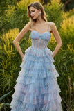 Corset de bal long à volants à volants fleuris en A-Line A-Line Bleu avec fente