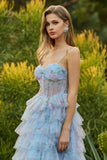 Corset de bal long à volants à volants fleuris en A-Line A-Line Bleu avec fente
