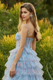 Corset de bal long à volants à volants fleuris en A-Line A-Line Bleu avec fente