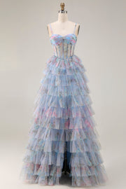 Robe de soirée à corset à volants et fleurs bleues