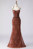 Robe longue de bal marron sirène en halter avec dentelle