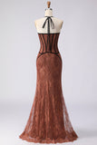 Robe longue de bal marron sirène en halter avec dentelle