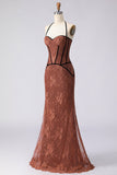Robe longue de bal marron sirène en halter avec dentelle