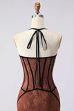 Robe longue de bal marron sirène en halter avec dentelle