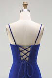 Corset de sirène bleu royal, lacet froncé dans le dos, longue robe de bal avec fente