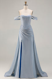 Robe de soirée longue sirène scintillante à épaules dénudées en satin bleu poussiéreux avec fente