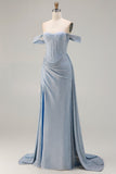 Robe de soirée longue sirène scintillante à épaules dénudées en satin bleu poussiéreux avec fente