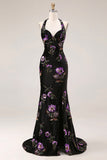 Longue robe de bal de bal en velours noir Sirène brodée à sequins, longue robe de bal avec fente