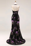 Longue robe de bal de bal en velours noir Sirène brodée à sequins, longue robe de bal avec fente