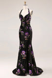 Longue robe de bal de bal en velours noir Sirène brodée à sequins, longue robe de bal avec fente