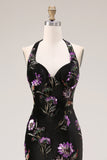 Longue robe de bal de bal en velours noir Sirène brodée à sequins, longue robe de bal avec fente