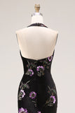 Longue robe de bal de bal en velours noir Sirène brodée à sequins, longue robe de bal avec fente