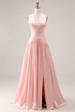Robe de bal de promo plissée rose à filets A en longueur à dos nu-nu, fendue