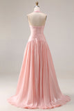 Robe de bal de promo plissée rose à filets A en longueur à dos nu-nu, fendue