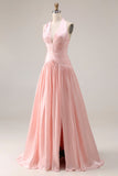 Robe de bal de promo plissée rose à filets A en longueur à dos nu-nu, fendue