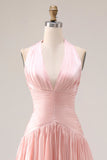 Robe de bal de promo plissée rose à filets A en longueur à dos nu-nu, fendue