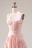 Robe de bal de promo plissée rose à filets A en longueur à dos nu-nu, fendue