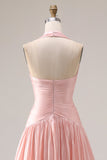 Robe de bal de promo plissée rose à filets A en longueur à dos nu-nu, fendue