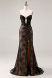 Robe de bal longue de bal en dentelle noire perlée de sirène sirène à perles et fendue