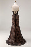 Robe de bal longue de bal en dentelle noire perlée de sirène sirène à perles et fendue