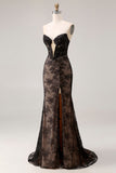 Robe de bal longue de bal en dentelle noire perlée de sirène sirène à perles et fendue