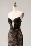 Robe de bal longue de bal en dentelle noire perlée de sirène sirène à perles et fendue