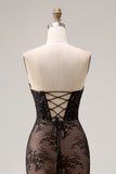 Robe de bal longue de bal en dentelle noire perlée de sirène sirène à perles et fendue