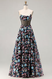 Robe de bal longue longue à motifs floraux imprimé corset noir sans bustier noir A Line avec fente