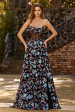 Robe de bal longue corset transparente sans bretelles florales sans bretelles A Line