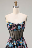 Robe de bal longue longue à motifs floraux imprimé corset noir sans bustier noir A Line avec fente