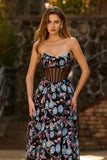 Robe de bal longue corset transparente sans bretelles florales sans bretelles A Line
