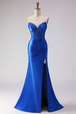 Robe de bal longue de bal satin perlée à perles en sirène bleu royal avec fente
