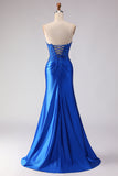 Robe de bal longue de bal satin perlée à perles en sirène bleu royal avec fente