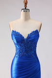 Robe de bal longue de bal satin perlée à perles en sirène bleu royal avec fente