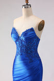 Robe de bal longue de bal satin perlée à perles en sirène bleu royal avec fente