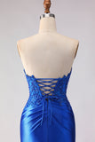 Robe de bal longue de bal satin perlée à perles en sirène bleu royal avec fente