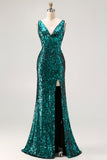 Robe de soirée longue à paillettes vert paon coupe sirène à dos ouvert avec fente