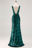 Robe de soirée longue à paillettes vert paon coupe sirène à dos ouvert avec fente