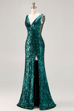 Robe de soirée longue à paillettes vert paon coupe sirène à dos ouvert avec fente